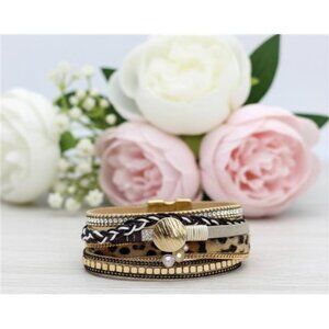 Carole Inc Leopard Print Leather Cuff Bracelet Pearl Agate Magnetic 6.5 in NWT